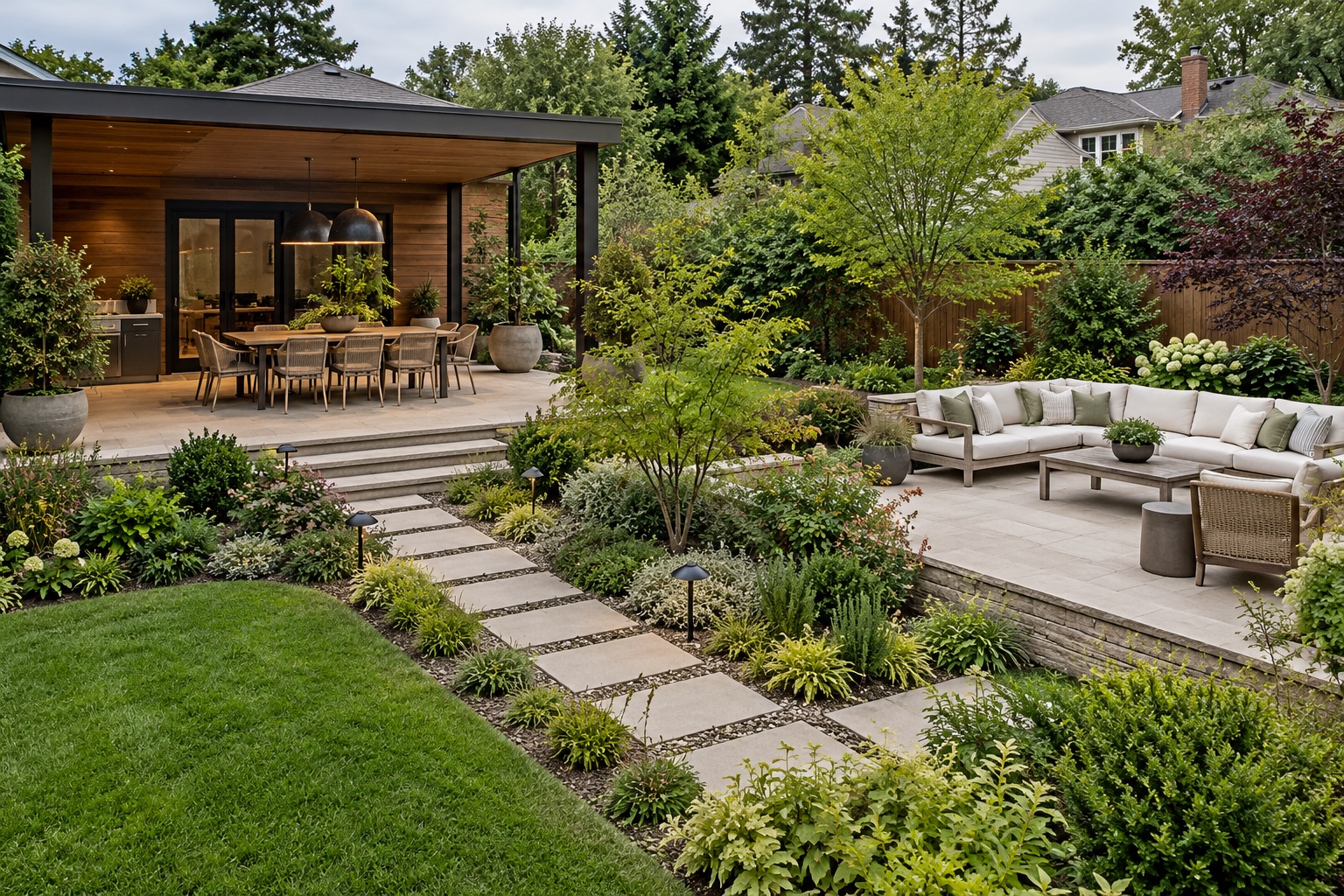 Complete garden room organized into sheltered dining and open lounge zones