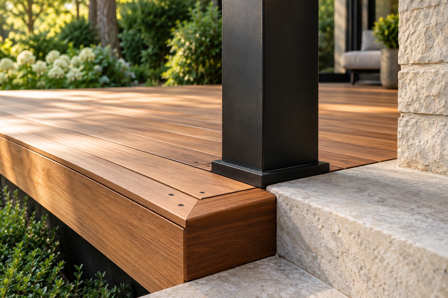 Detailed cedar deck transition at a metal post and stone step