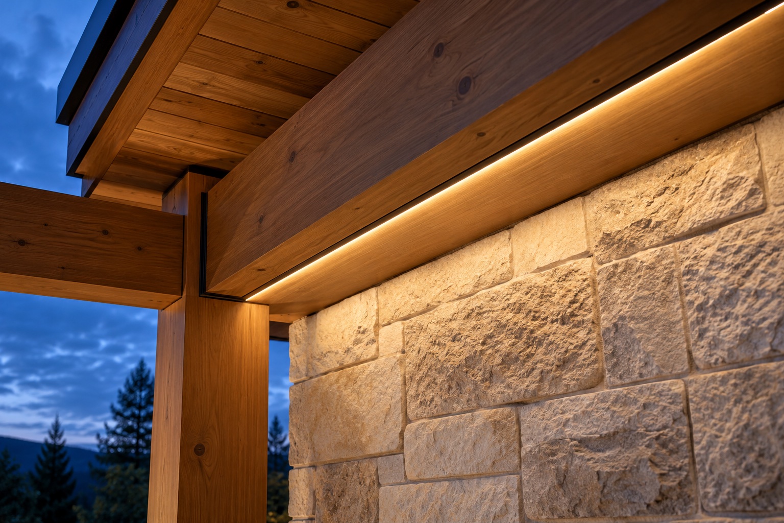 Integrated warm lighting recessed into a cedar beam above a stone wall