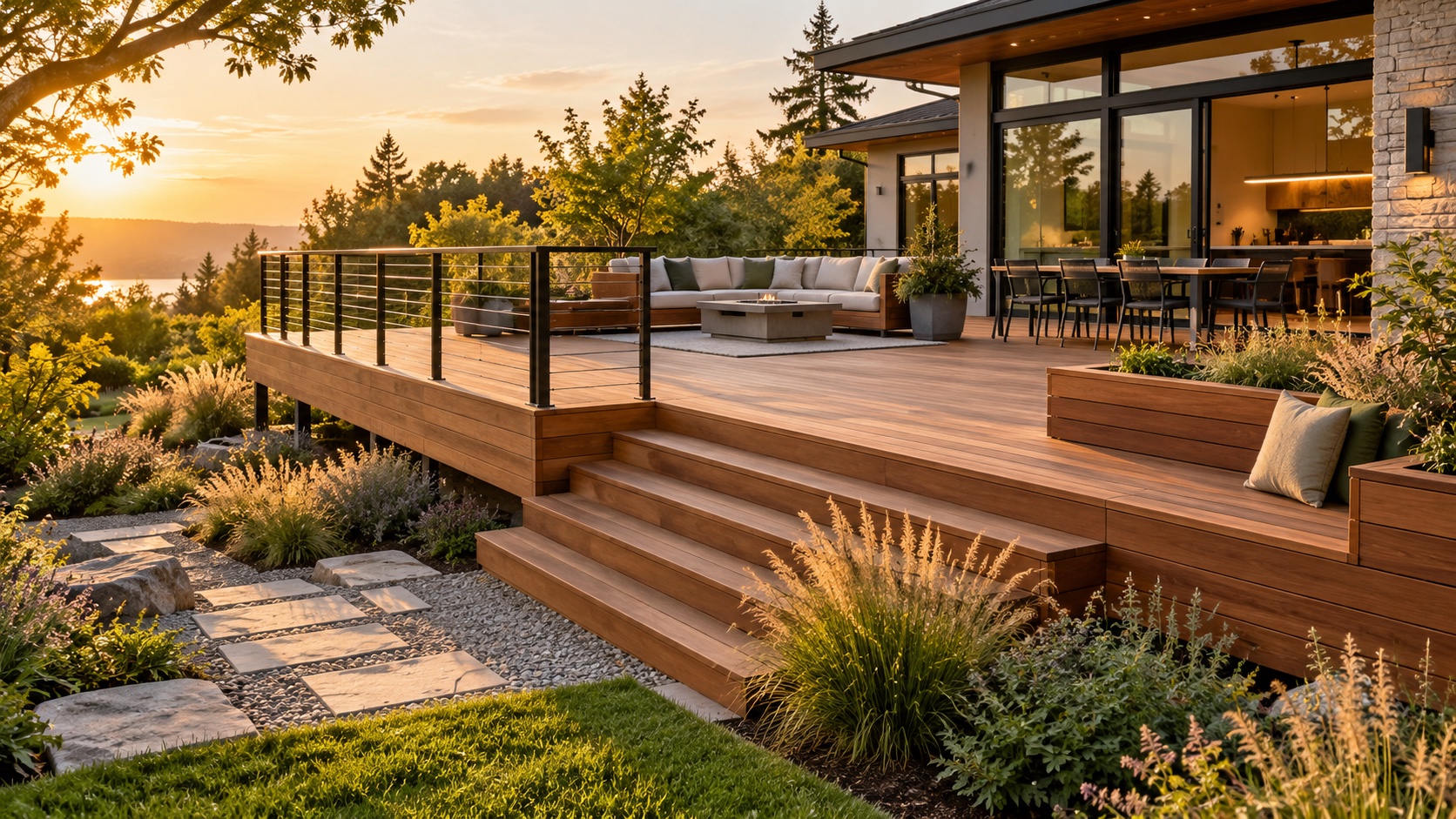 Custom wood deck with black railing and integrated garden seating