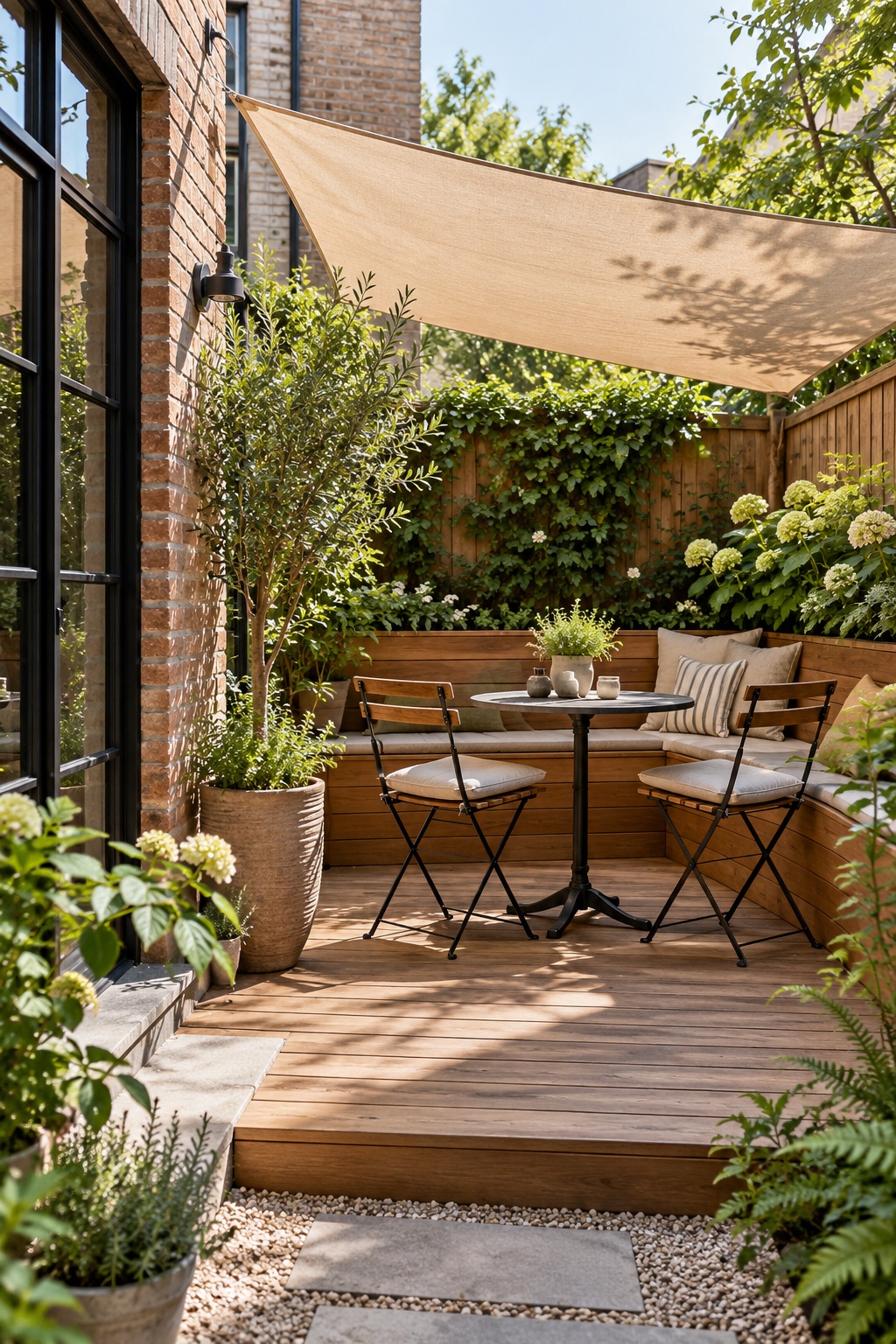 Compact courtyard deck with shade sail, bench, and café table