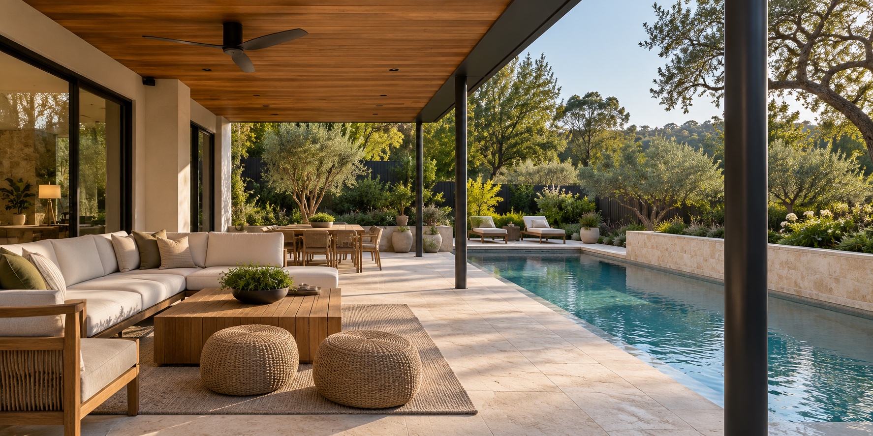 Covered stone patio opening toward a compact residential pool and garden