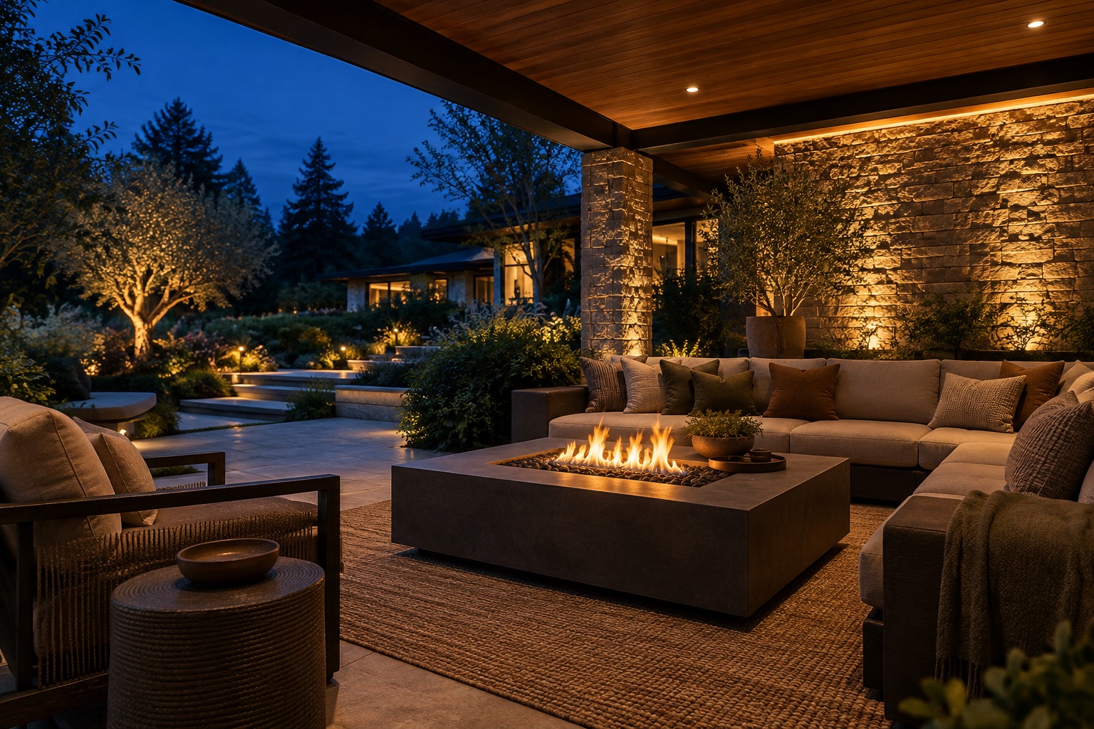 Covered backyard fire lounge illuminated at blue hour