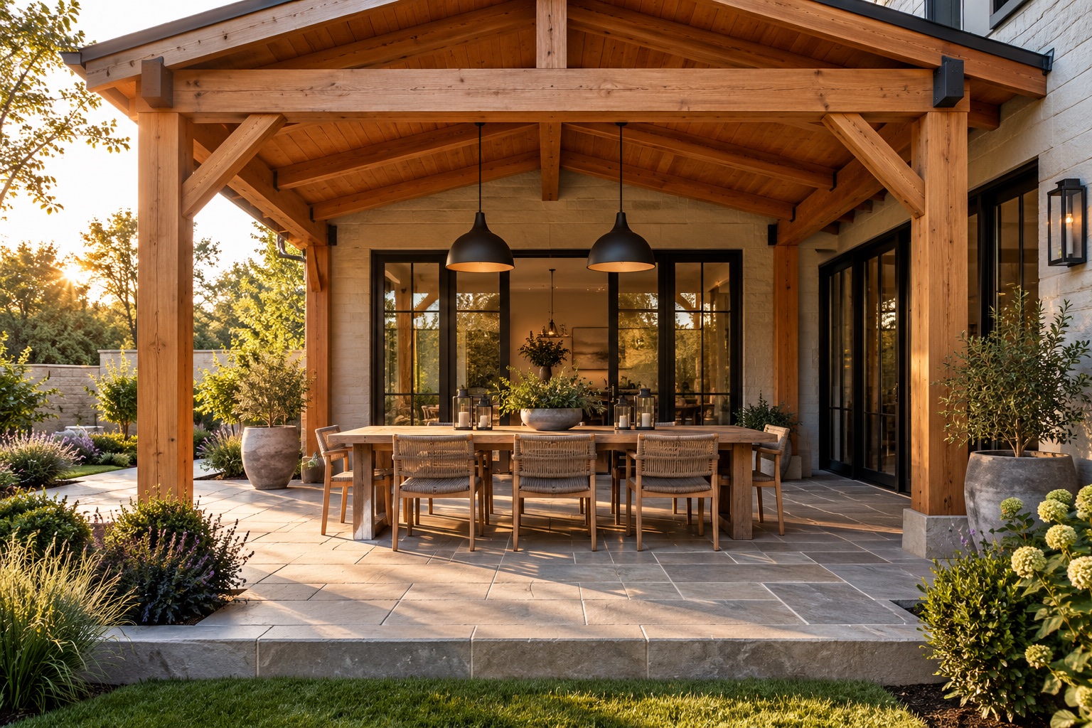 Cedar patio cover sheltering an outdoor dining area