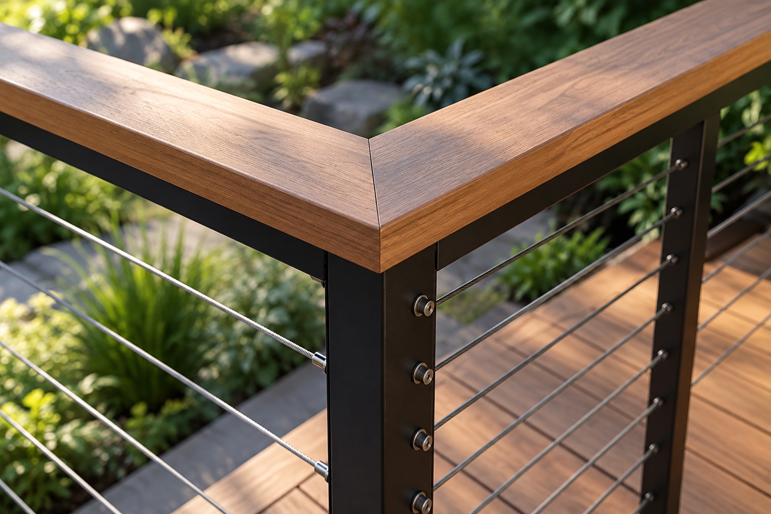 Close detail of mitered wood handrail and black cable railing