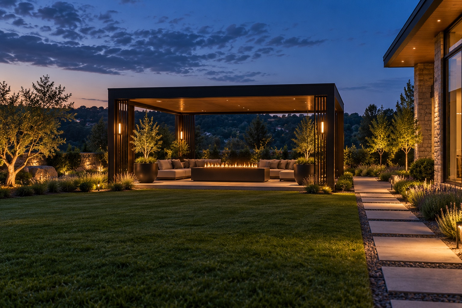 Freestanding garden pavilion with a linear fire lounge at twilight
