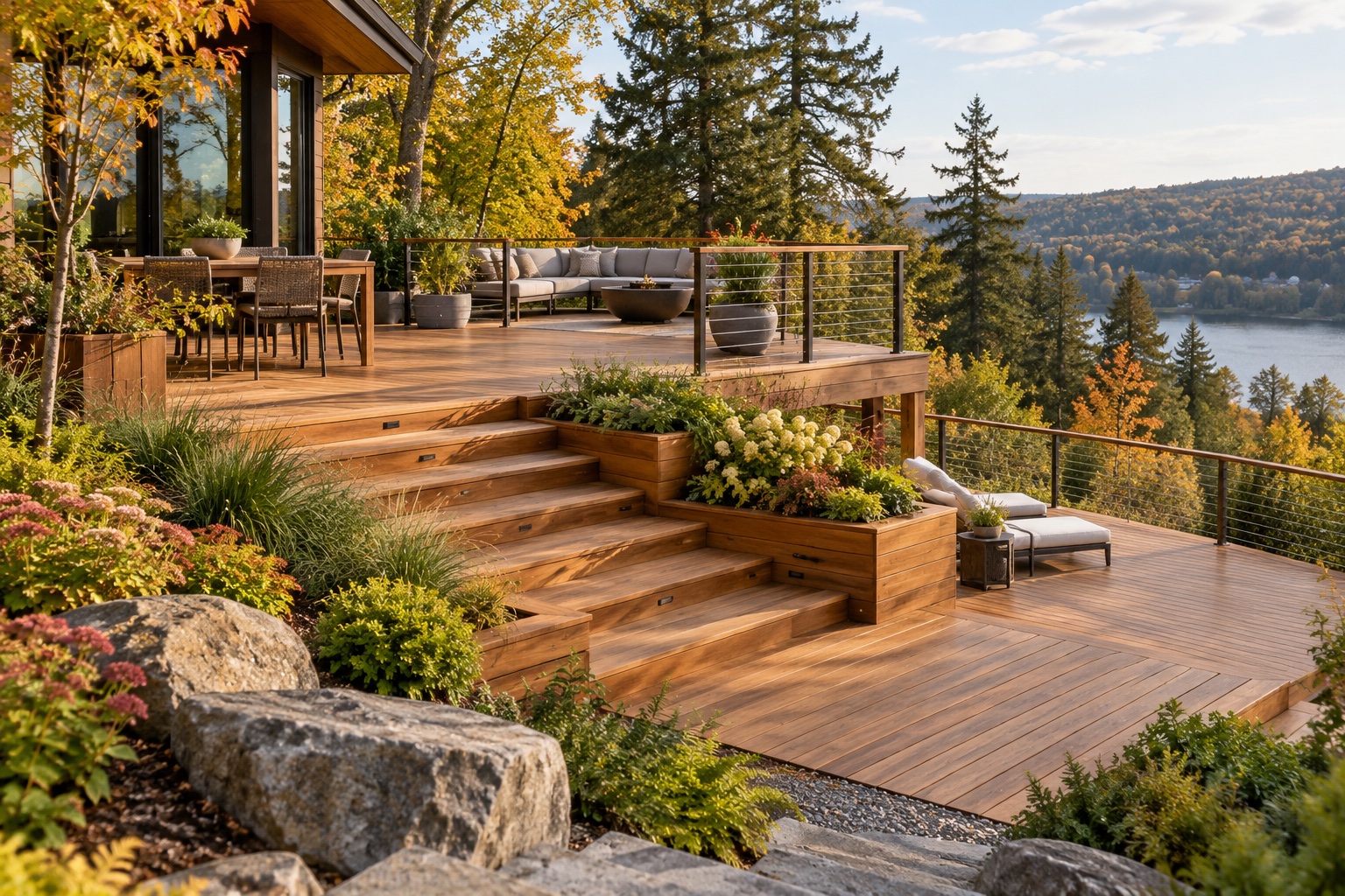Tiered timber deck with broad steps and garden planting