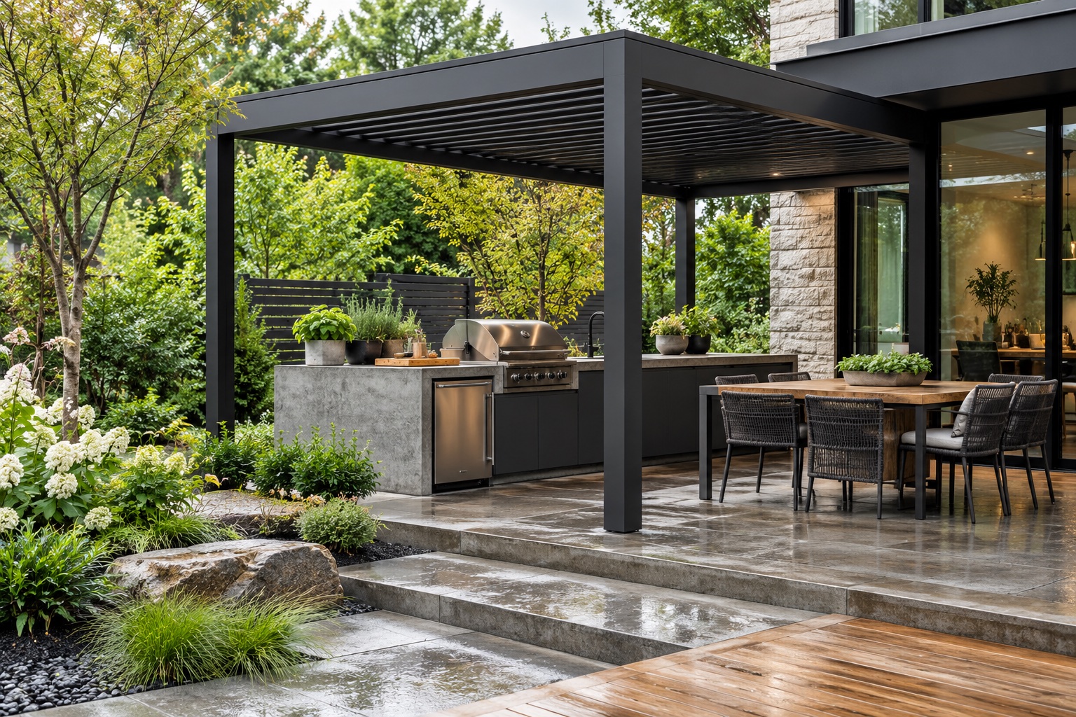 Charcoal pergola sheltering a compact outdoor kitchen and dining terrace
