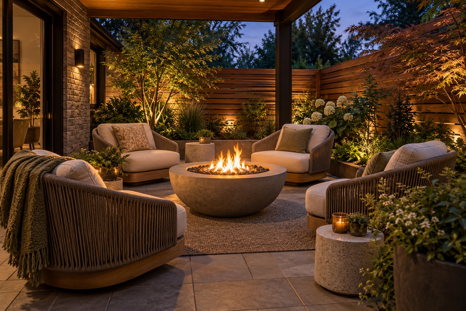 Intimate covered patio with round fire bowl and lounge seating