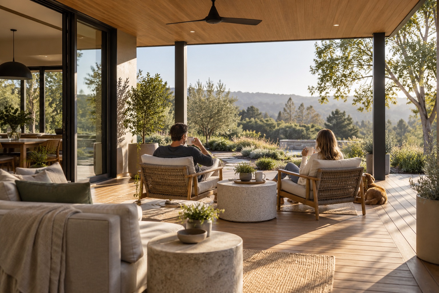 Couple enjoying morning coffee in a warm covered outdoor room