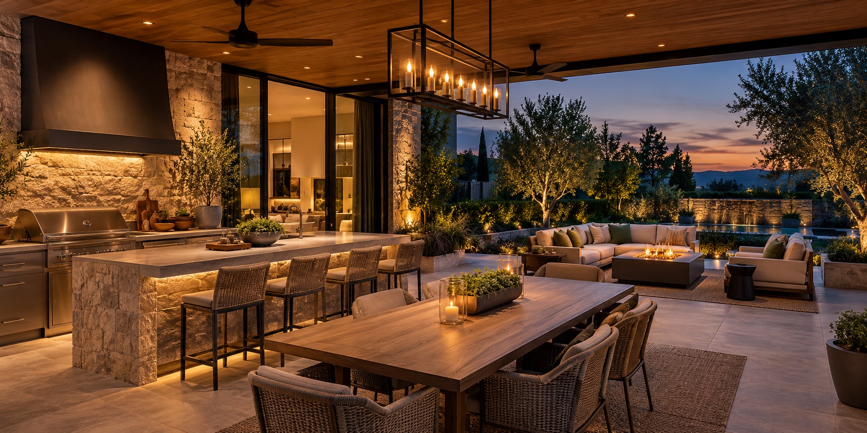Outdoor kitchen and dining space beneath a covered terrace