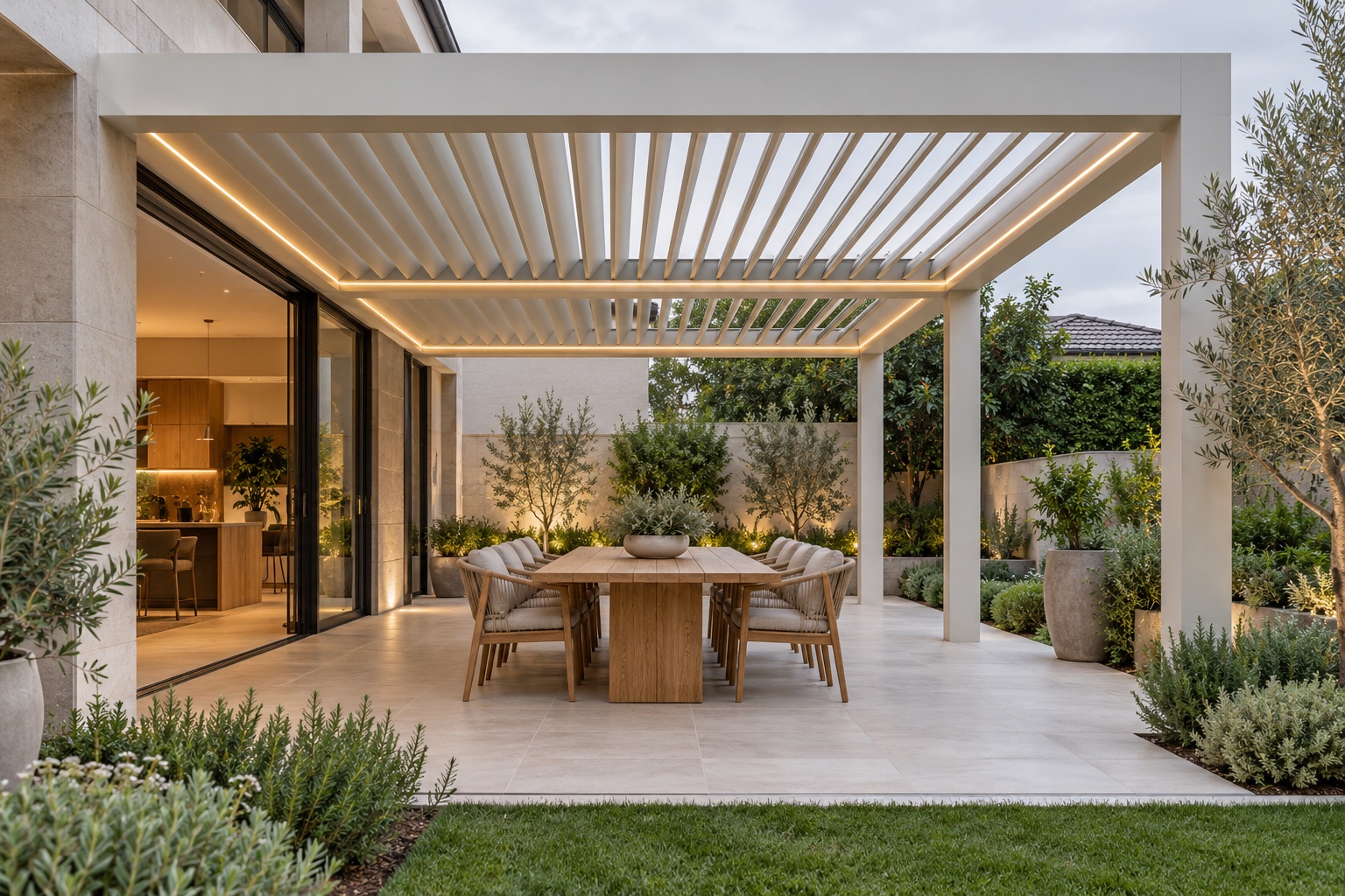 Light louvered pergola covering a refined outdoor dining terrace